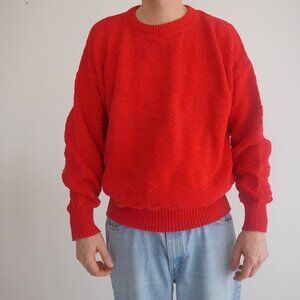 VTG 80s Spotlite Red 3D Eclectic Biggie Cosby Chunky Knit Crewneck Sweater XL